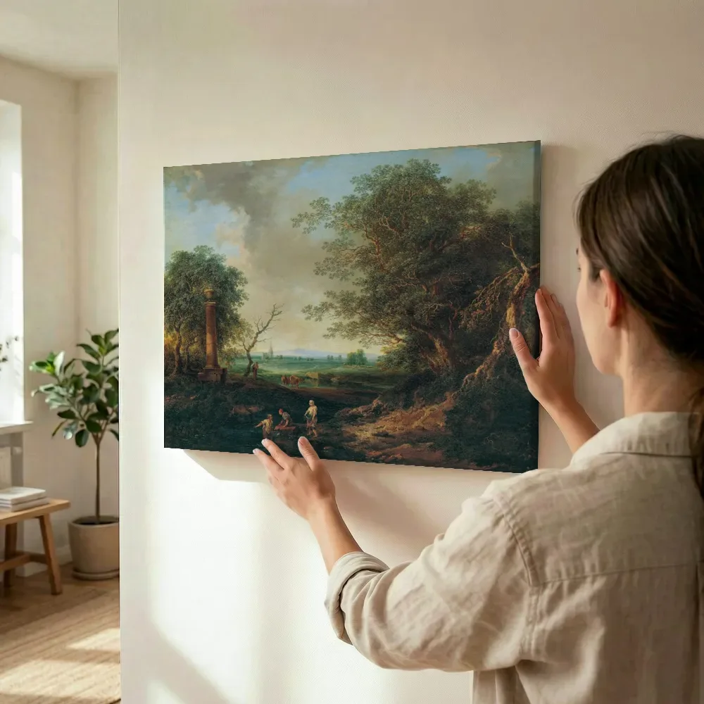 Sfeerimpressie: Landschap met een zuil van Christian Hilfgott Brand terwijl het wordt opgehangen