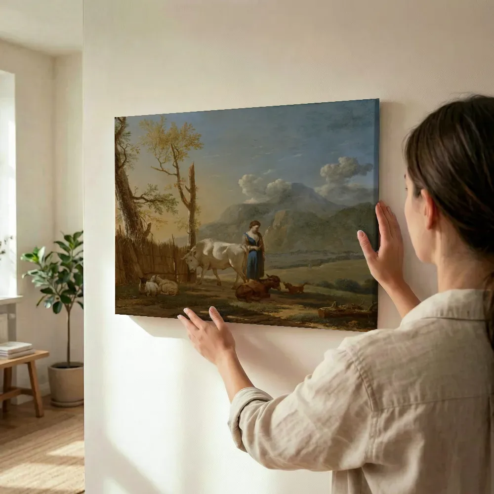 Sfeerimpressie: Landschap met herderin van Karel Dujardin terwijl het wordt opgehangen