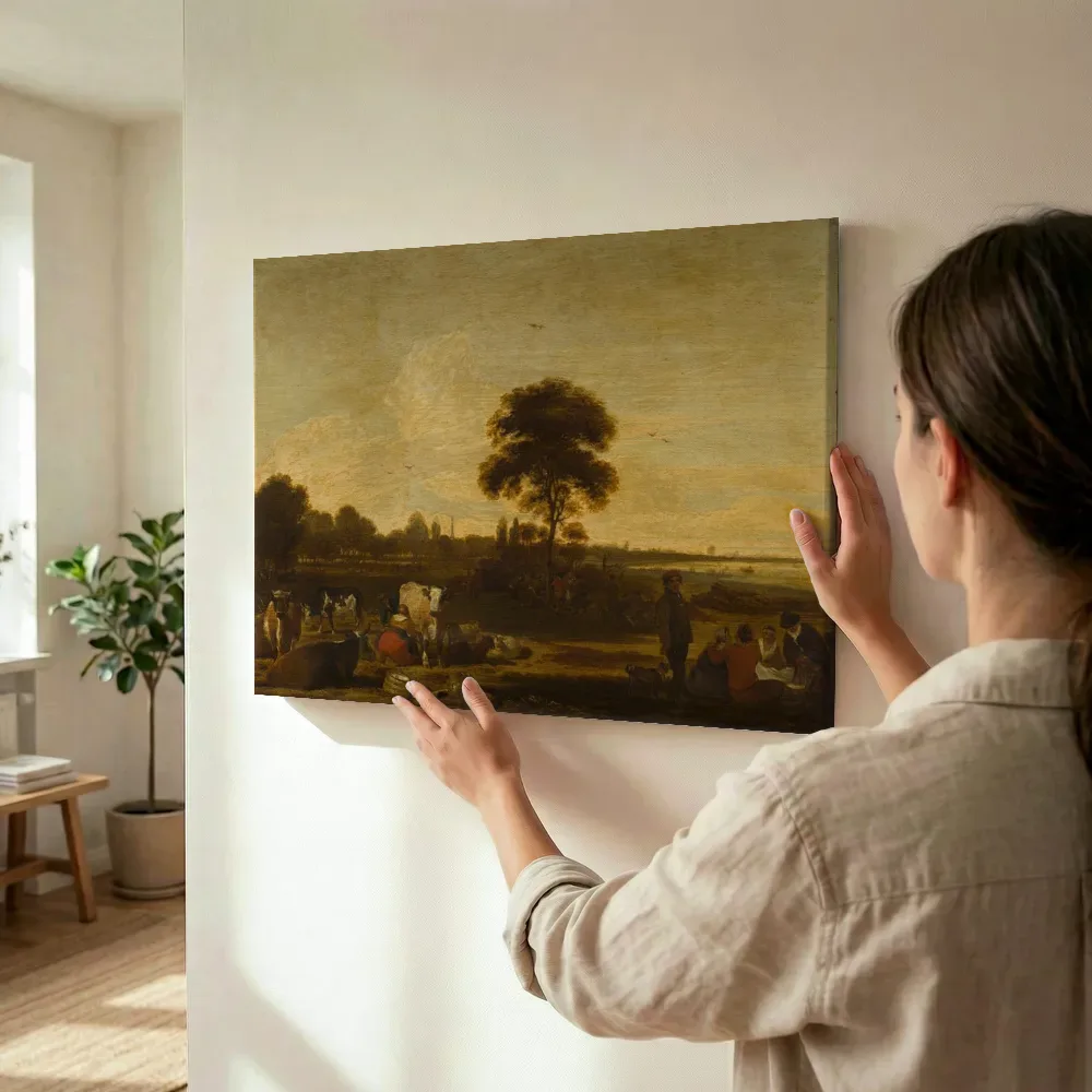 Sfeerimpressie: Landschap met herders en vee van Cornelis Saftleven terwijl het wordt opgehangen