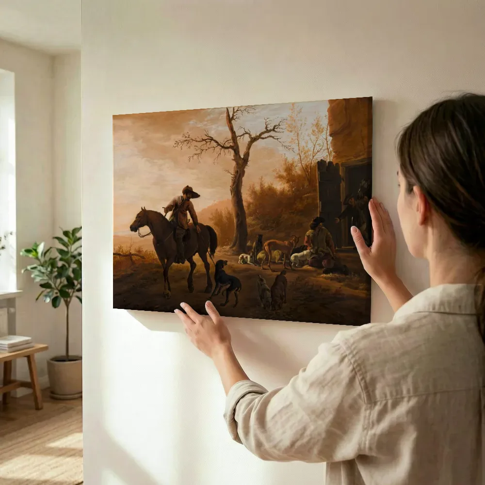 Sfeerimpressie: Landschap met jagers van Pieter van Laer terwijl het wordt opgehangen