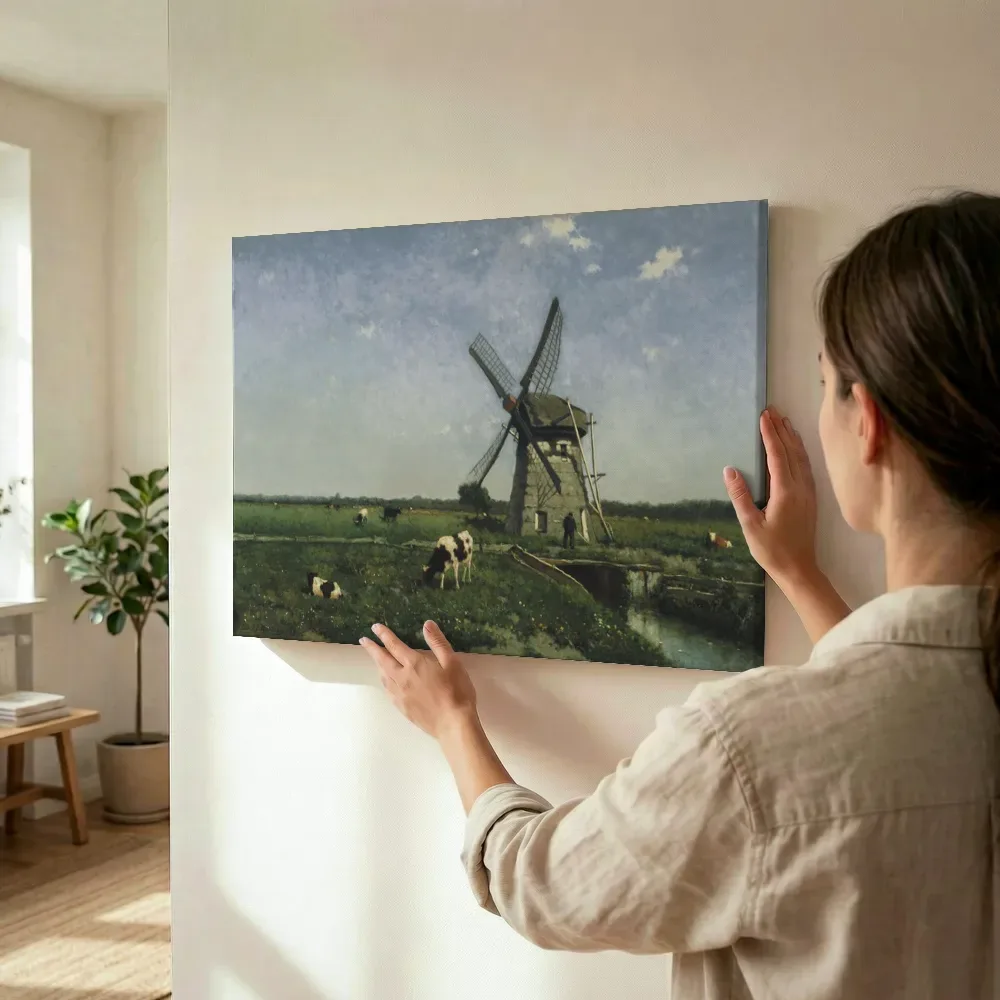 Sfeerimpressie: Landschap met molen bij Schiedam van Jan Hendrik Weissenbruch terwijl het wordt opgehangen