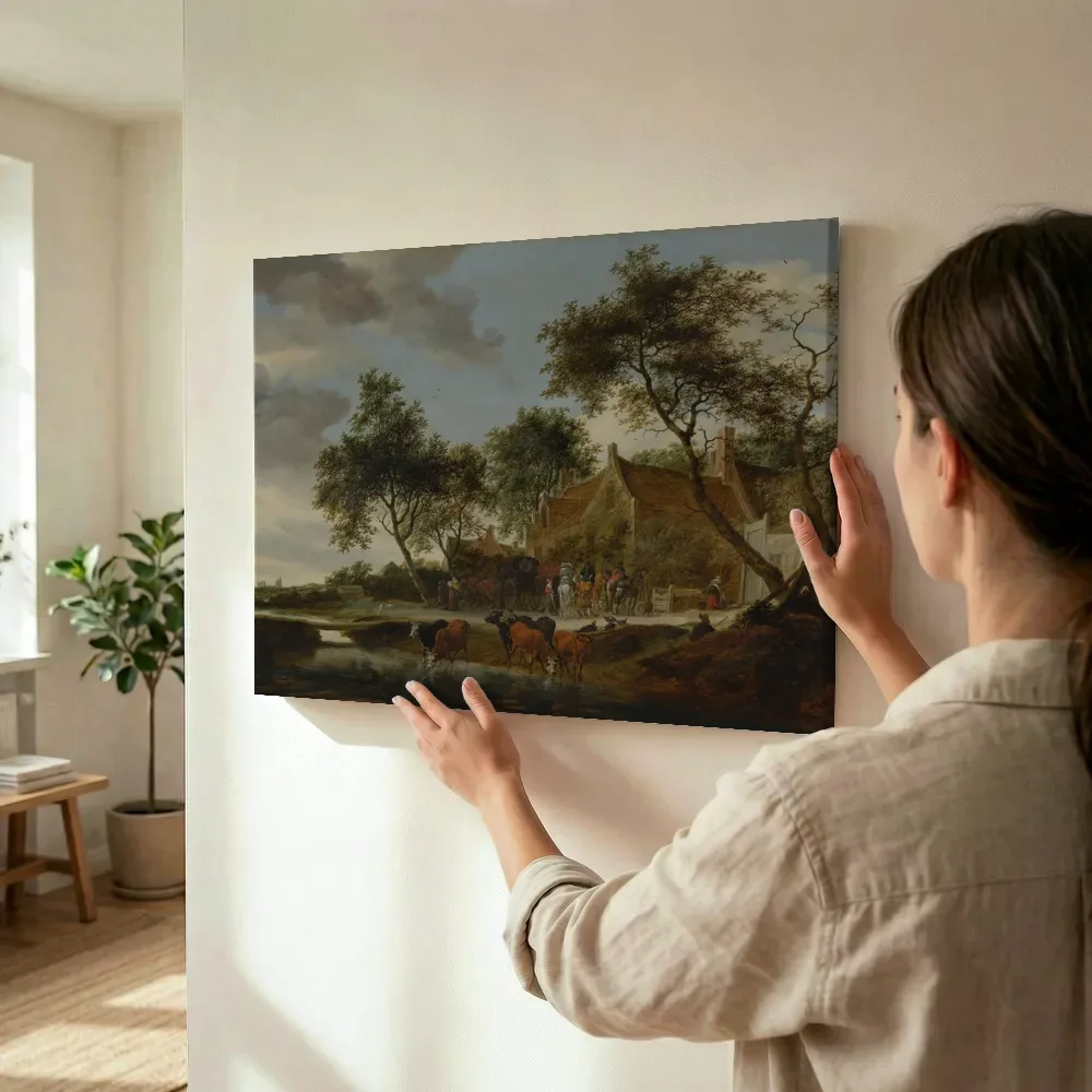 Sfeerimpressie: Landschap met reizigers bij een herberg nabij een pleisterplaats terwijl het wordt opgehangen