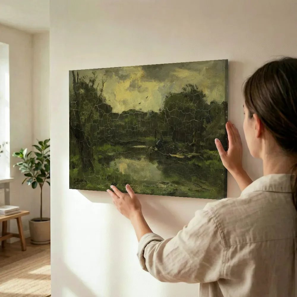 Sfeerimpressie: Landschap met schuit van Jacob Maris terwijl het wordt opgehangen