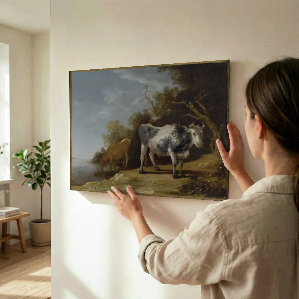 Sfeerimpressie: Landschap met twee koeien van Paulus Potter terwijl het wordt opgehangen
