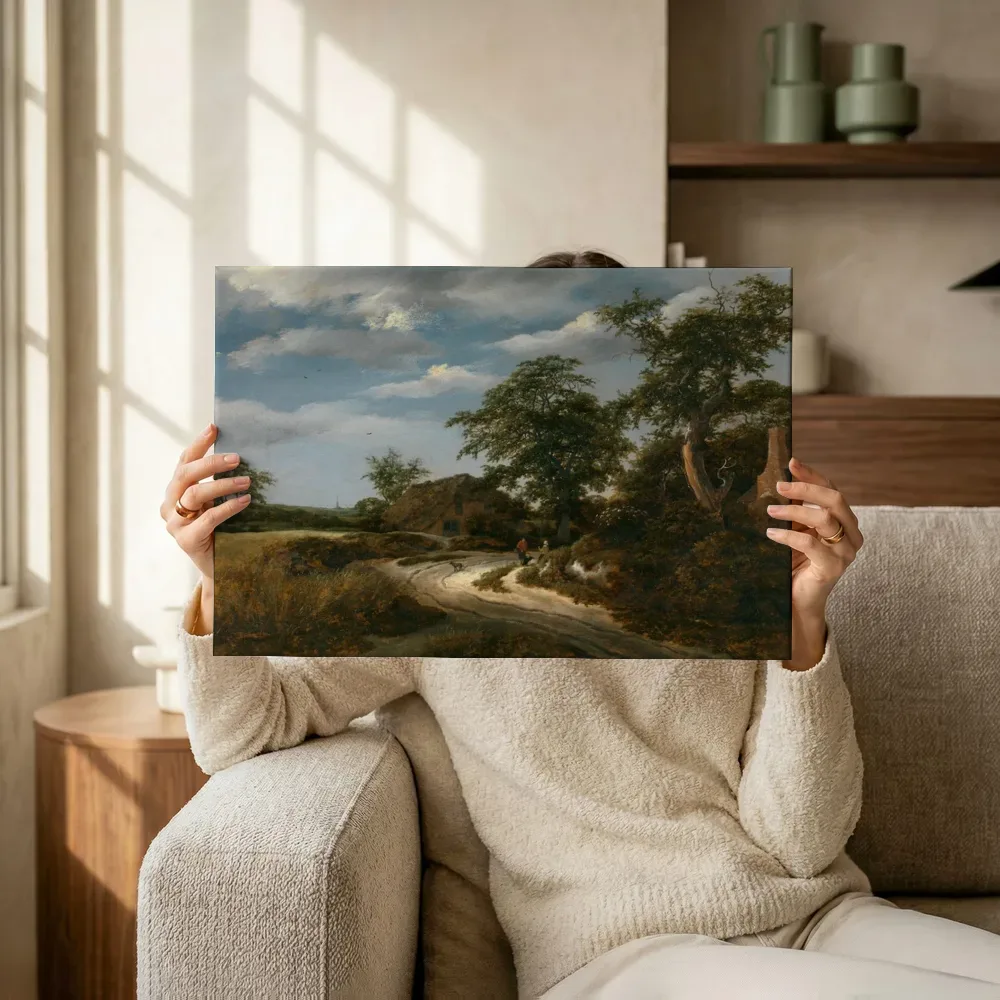 Sfeerimpressie: Landschap van Jacob van Ruisdael terwijl het omhoog wordt gehouden