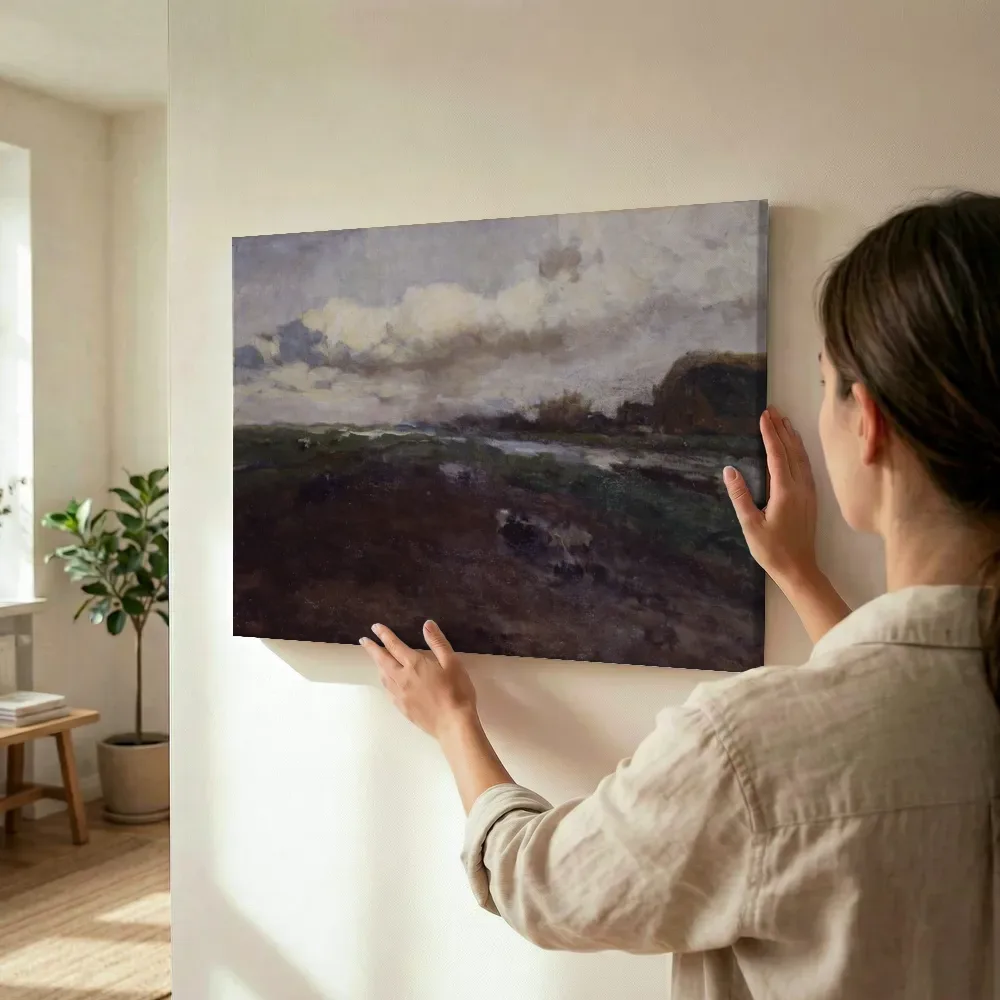 Sfeerimpressie: Landschap van Jan Hendrik Weissenbruch terwijl het wordt opgehangen