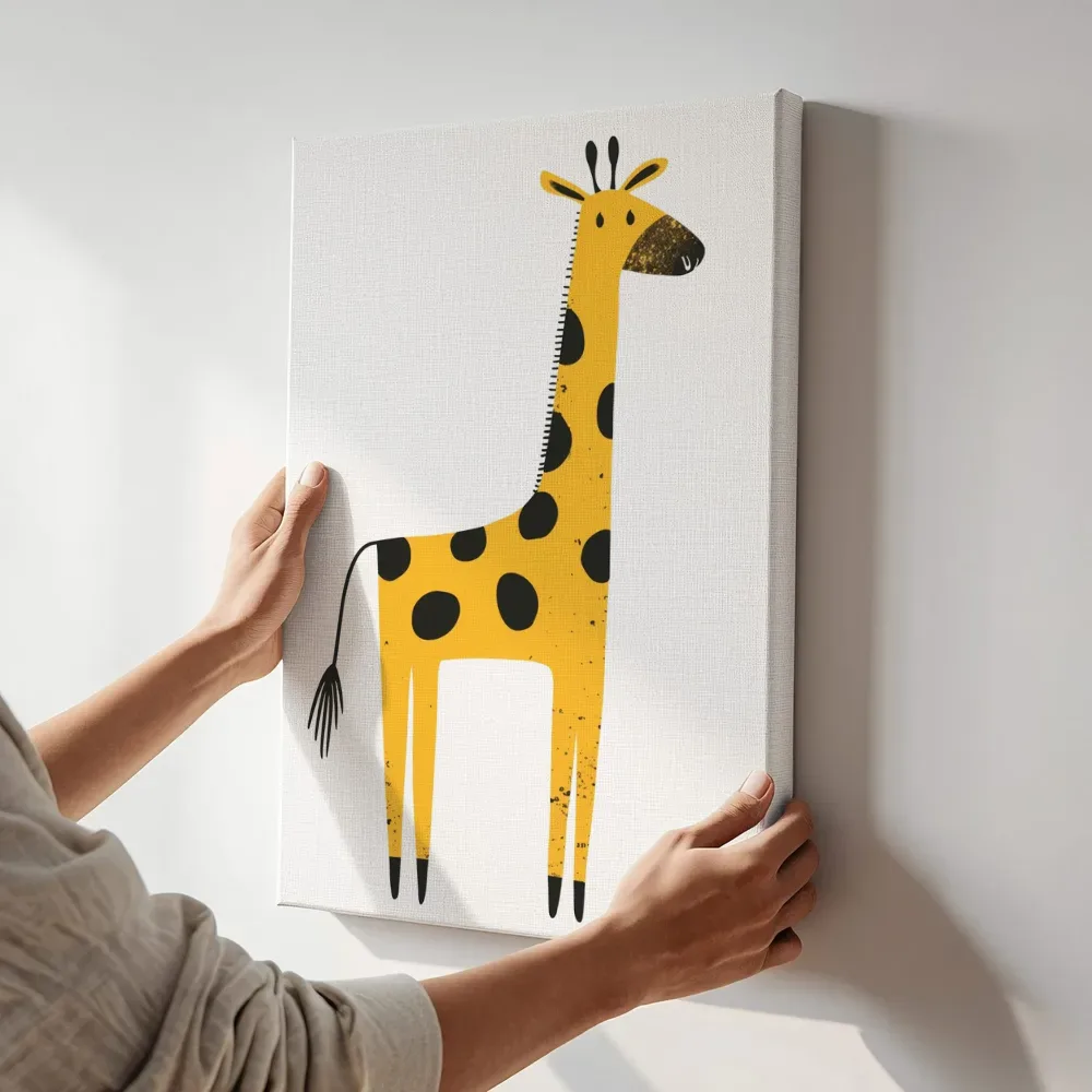 Sfeerimpressie: Lange giraffe terwijl het aan de muur wordt gehangen