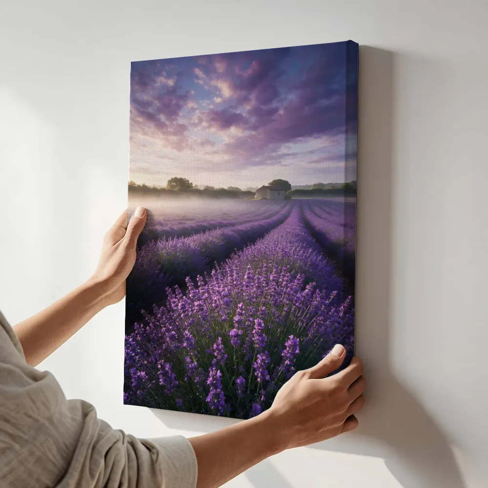 Sfeerimpressie: Lavendel bij de ochtendmist 19 terwijl het aan de muur wordt gehangen