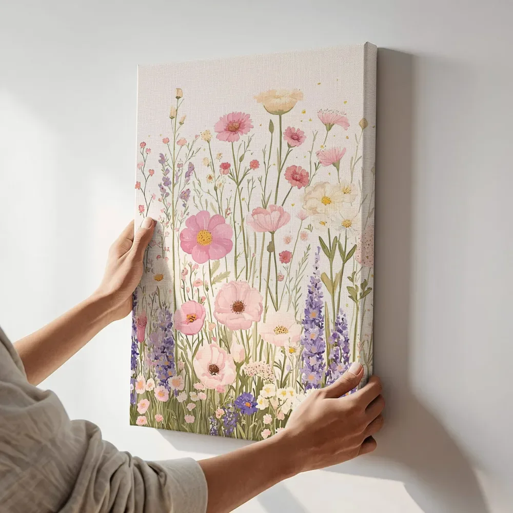 Sfeerimpressie: Lavendel en cosmos wildflower veld terwijl het aan de muur wordt gehangen