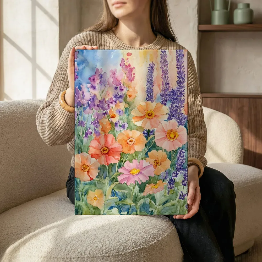 Sfeerimpressie: Lavendel en oranje bloementuin in pastel schilderij terwijl het zittend wordt getoond