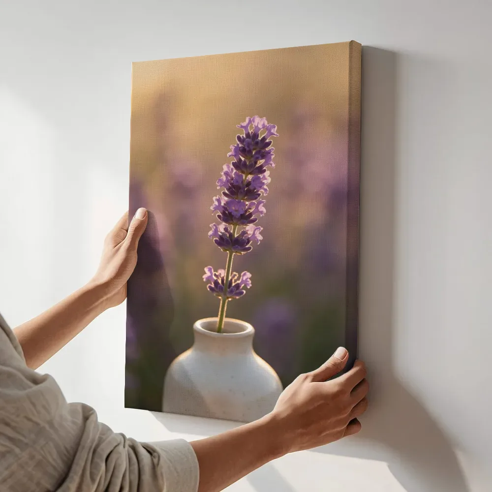 Sfeerimpressie: Lavendel in het gouden uur, zacht violetpaars 2 terwijl het aan de muur wordt gehangen