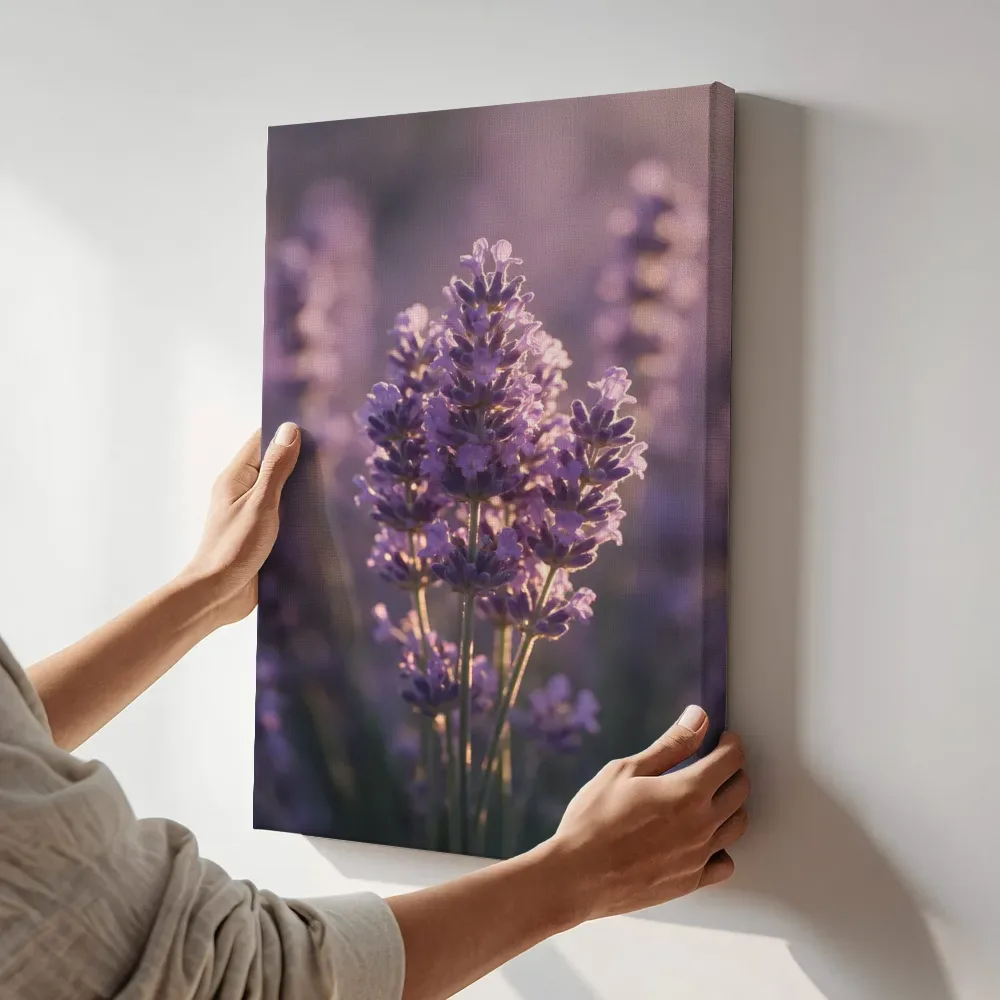 Sfeerimpressie: Lavendel in het gouden uur, zacht violetpaars 5 terwijl het aan de muur wordt gehangen