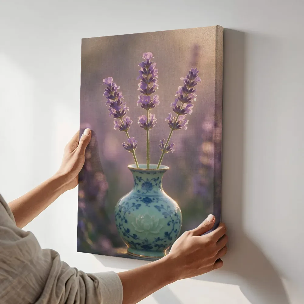 Sfeerimpressie: Lavendel in het gouden uur, zacht violetpaars 8 terwijl het aan de muur wordt gehangen