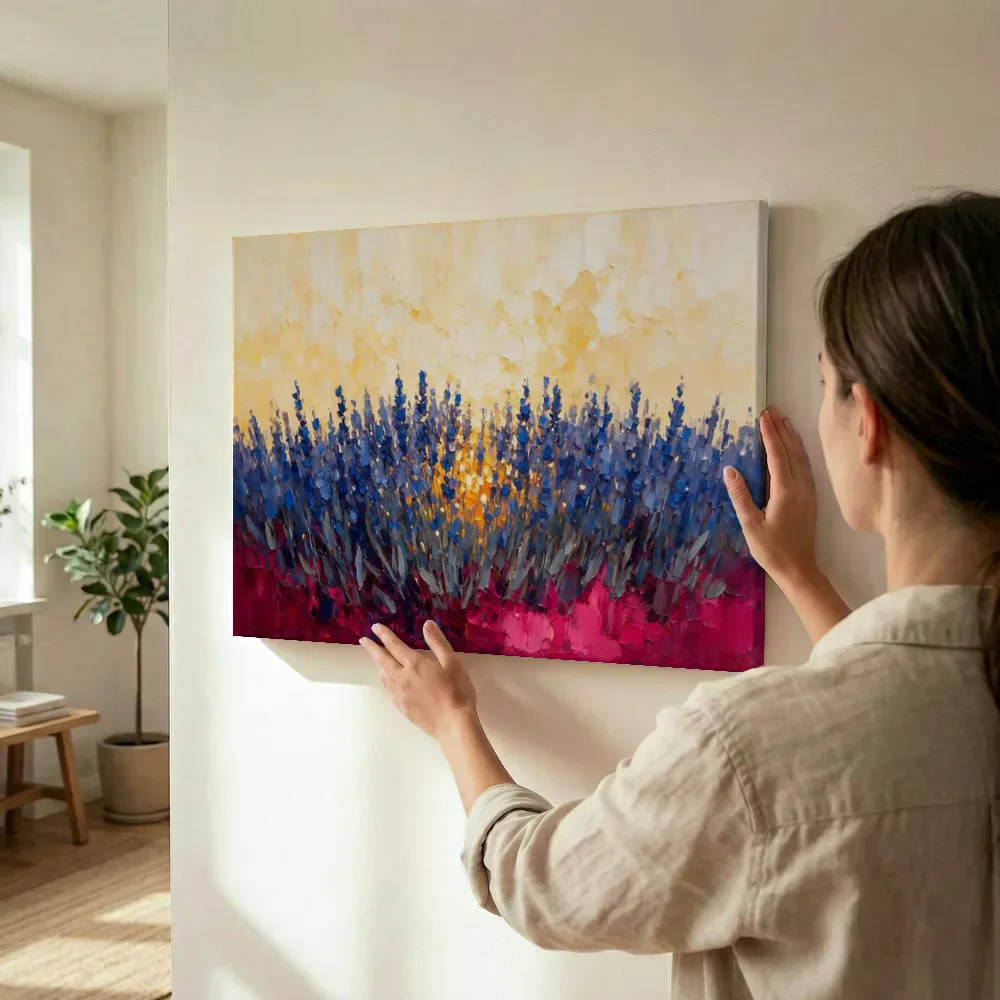 Sfeerimpressie: Lavendel onder de hemel in kobaltmagenta terwijl het wordt opgehangen