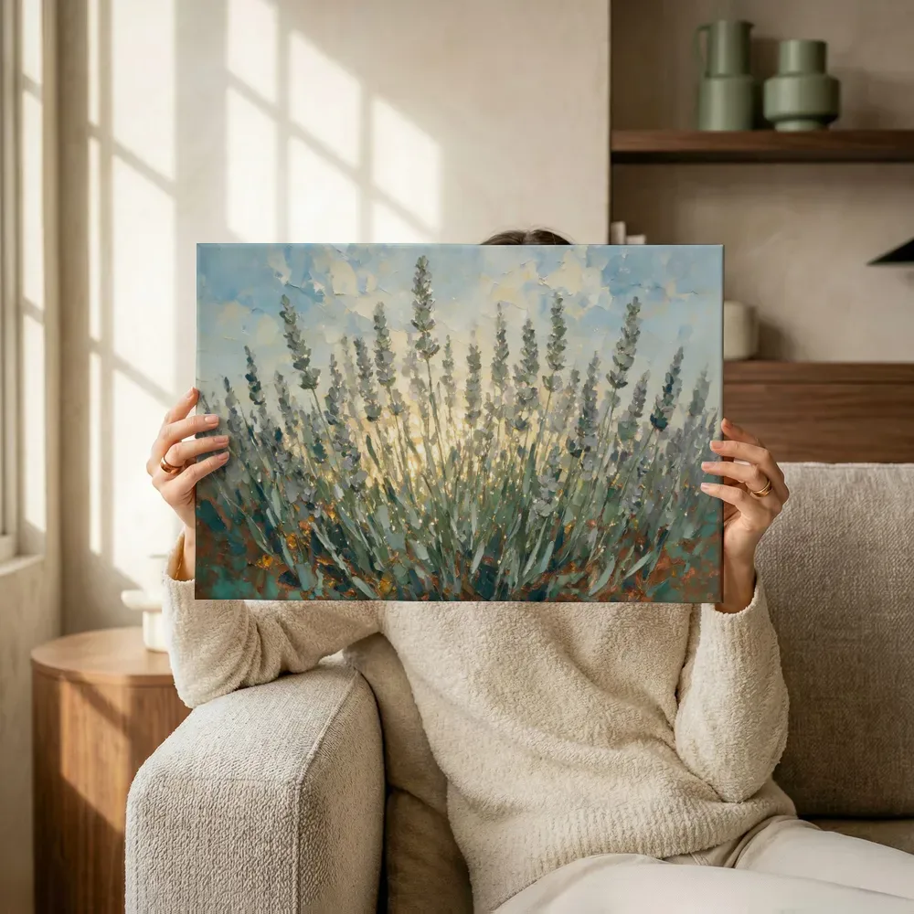Sfeerimpressie: Lavendel tegen de lucht in saliegrijs terwijl het omhoog wordt gehouden
