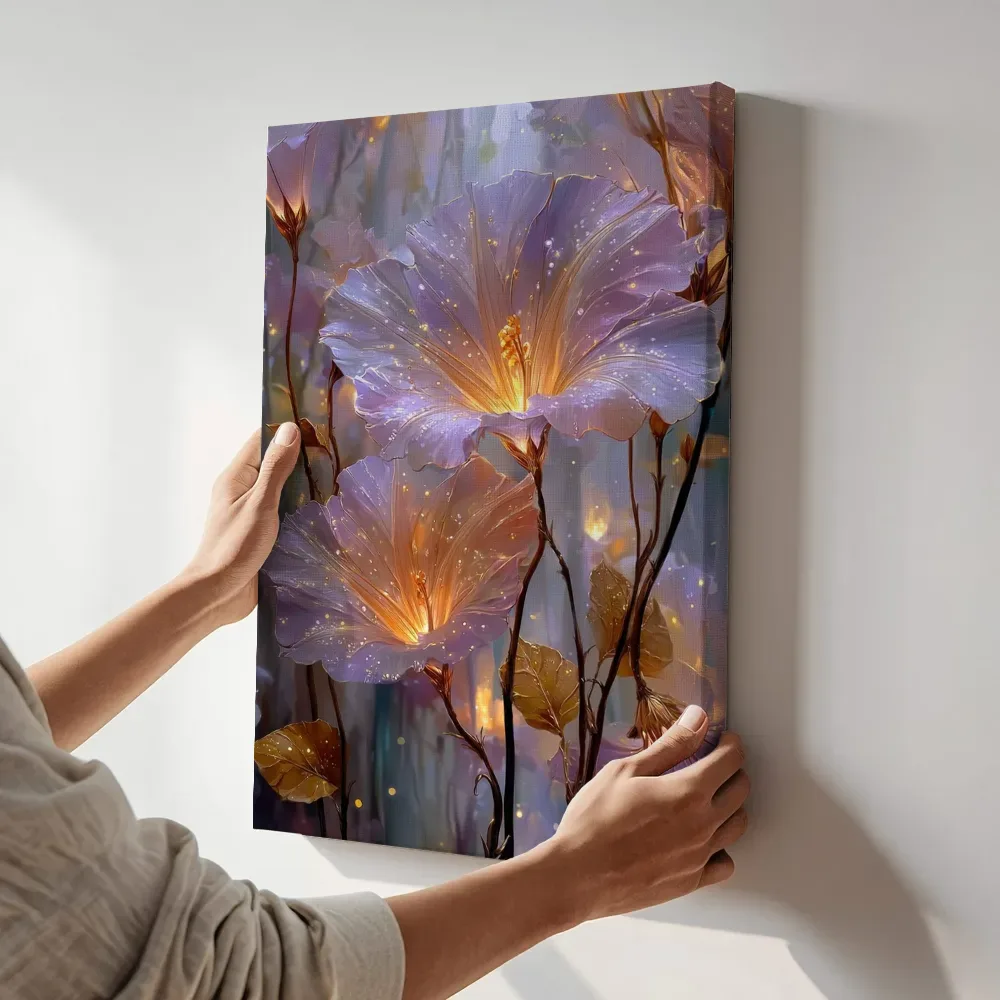 Sfeerimpressie: Lavendelkleurige lichtbloesems in de nevel terwijl het aan de muur wordt gehangen