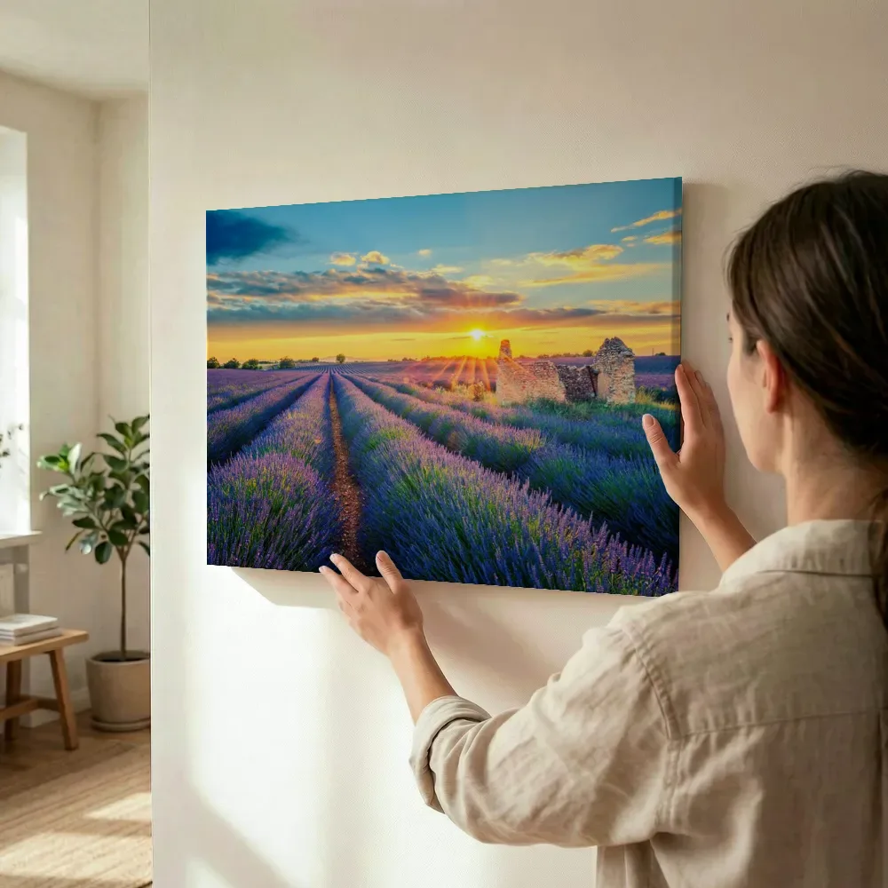 Sfeerimpressie: Lavendelveld bij zonsondergang met oude ruïne terwijl het wordt opgehangen