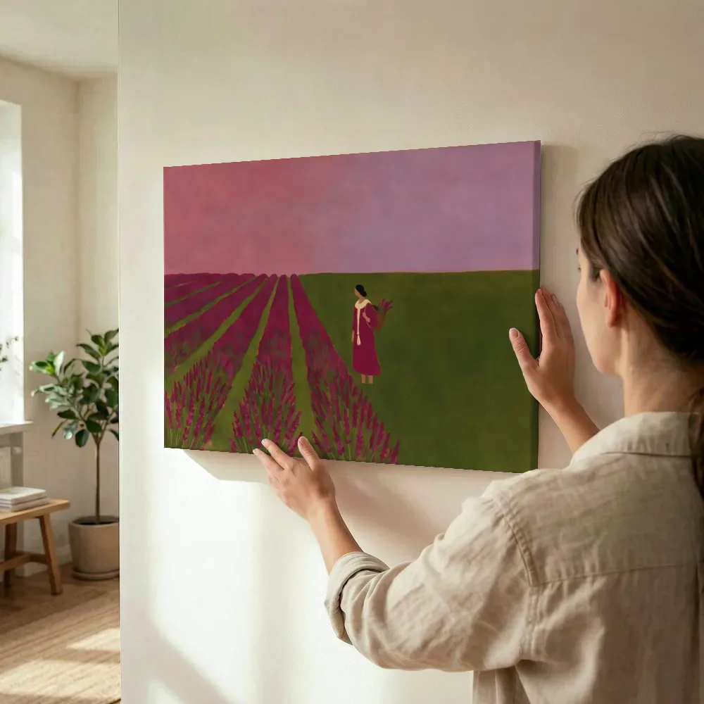 Sfeerimpressie: Lavendelveld in magenta en olijf terwijl het wordt opgehangen