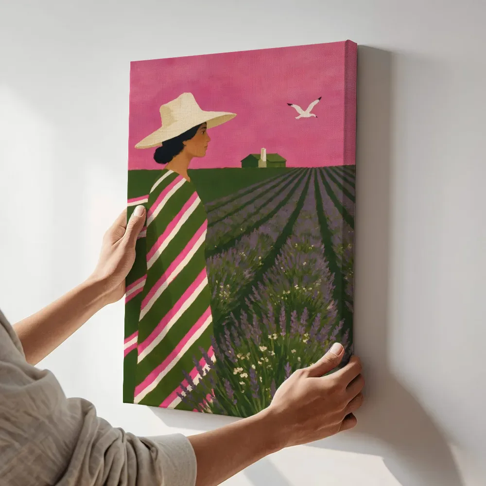 Sfeerimpressie: Lavendelveld in olijf en roze terwijl het aan de muur wordt gehangen