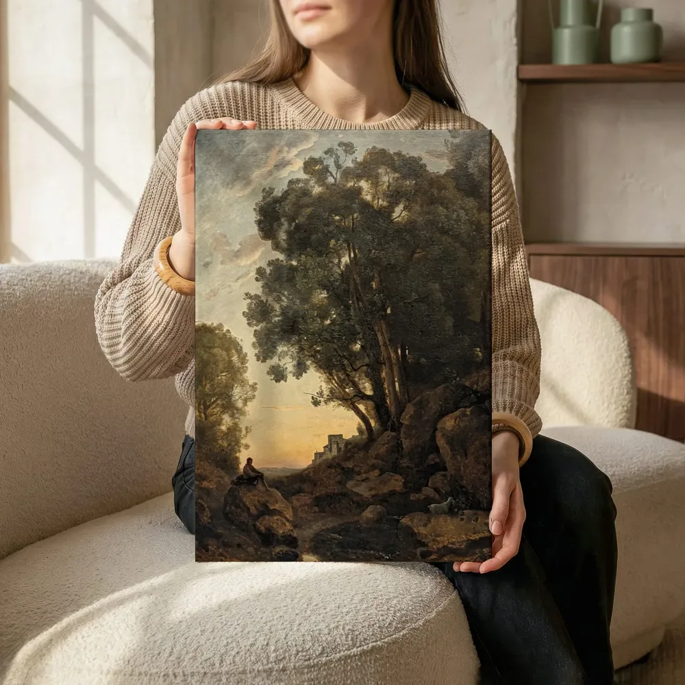 Sfeerimpressie: Le Chevrier italien. Effet de soleil couchant RF 899 bis van Jean-Baptiste Camille Corot terwijl het zittend wordt getoond