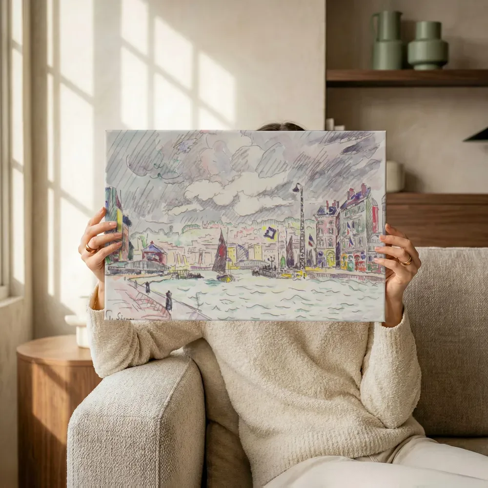 Sfeerimpressie: Le Havre met regenwolken van Paul Signac terwijl het omhoog wordt gehouden
