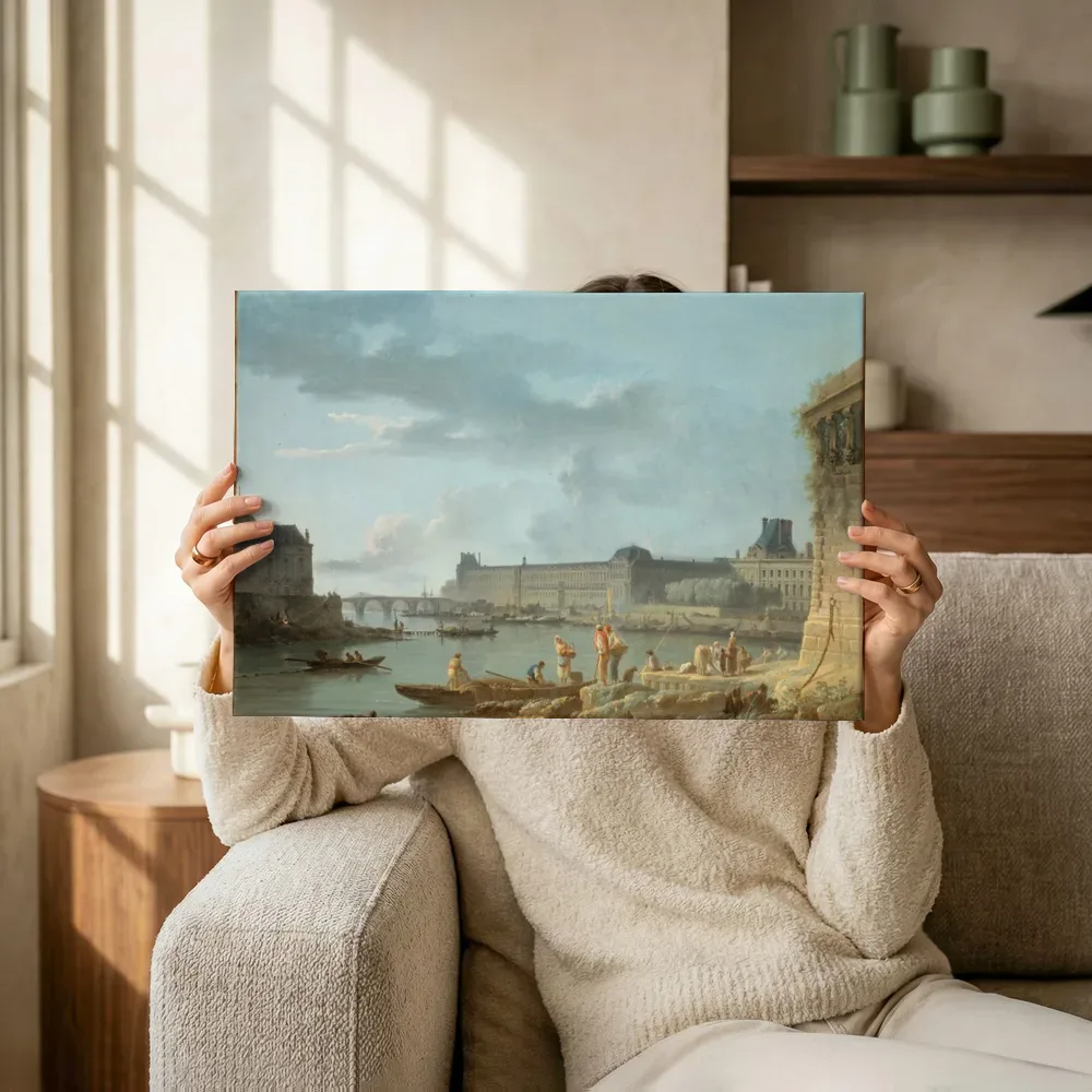Sfeerimpressie: Le Pont Royal en het Louvre, gezien vanaf het terreplein van de Pont-Neuf van Alexandre Jean Noël terwijl het omhoog wordt gehouden