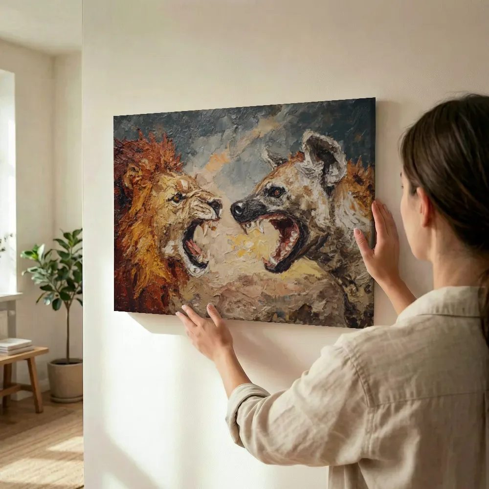 Sfeerimpressie: Leeuw tegenover een hyena terwijl het wordt opgehangen