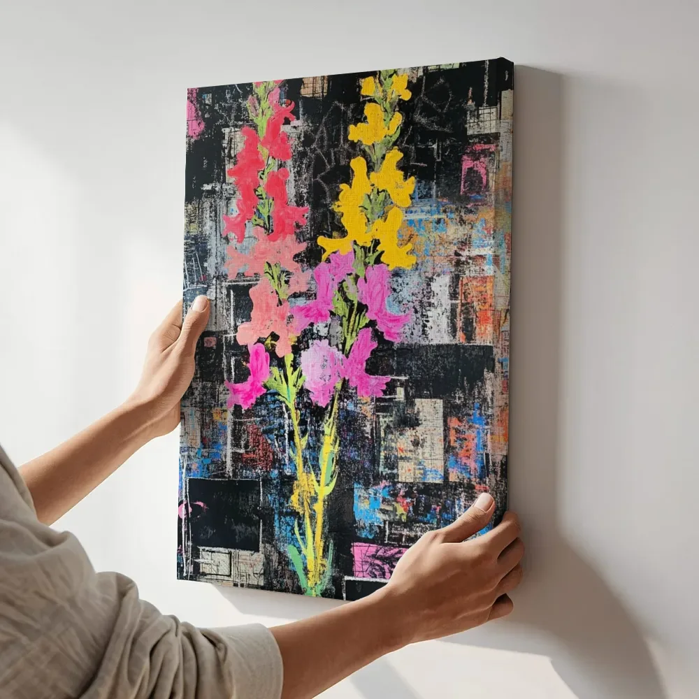 Sfeerimpressie: Leeuwenbekjes in graffiti-collage terwijl het aan de muur wordt gehangen