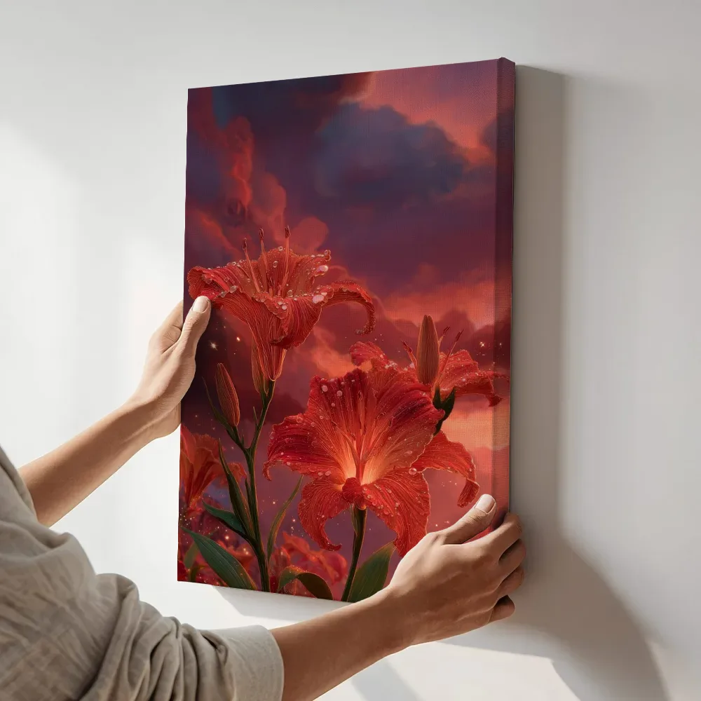 Sfeerimpressie: Lelies met dauwdruppels bij zonsondergang terwijl het aan de muur wordt gehangen