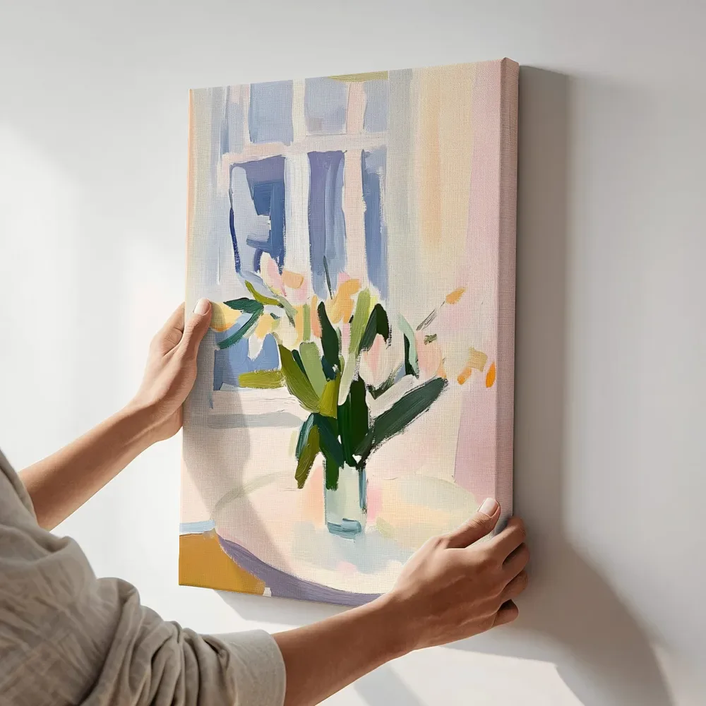 Sfeerimpressie: Lentebloemen op vensterbank terwijl het aan de muur wordt gehangen