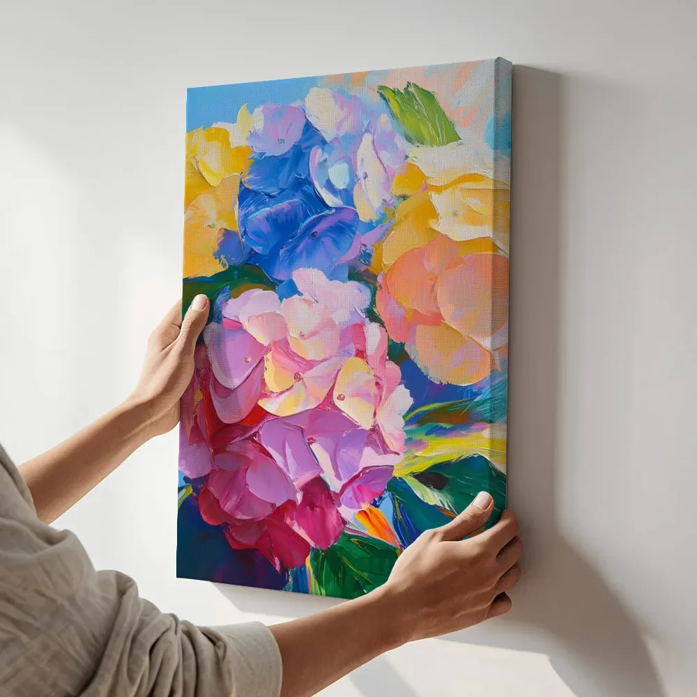 Sfeerimpressie: Levendige hortensia abstract terwijl het aan de muur wordt gehangen