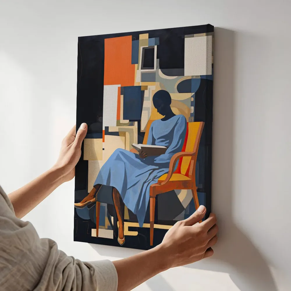Sfeerimpressie: Lezende vrouw in cubistische stijl terwijl het aan de muur wordt gehangen