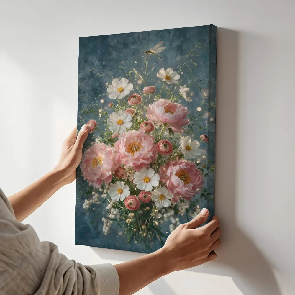 Sfeerimpressie: Libel in roze tinten terwijl het aan de muur wordt gehangen