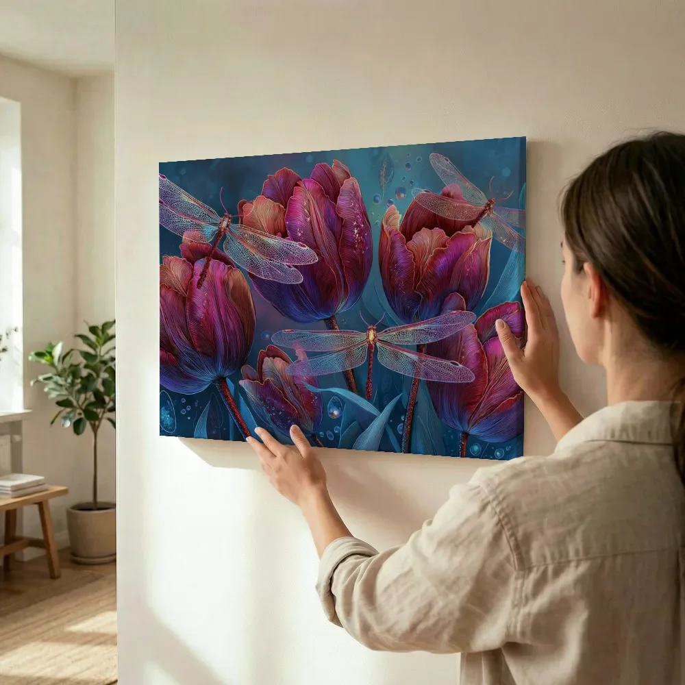 Sfeerimpressie: Libellen tussen nachttulpen terwijl het wordt opgehangen