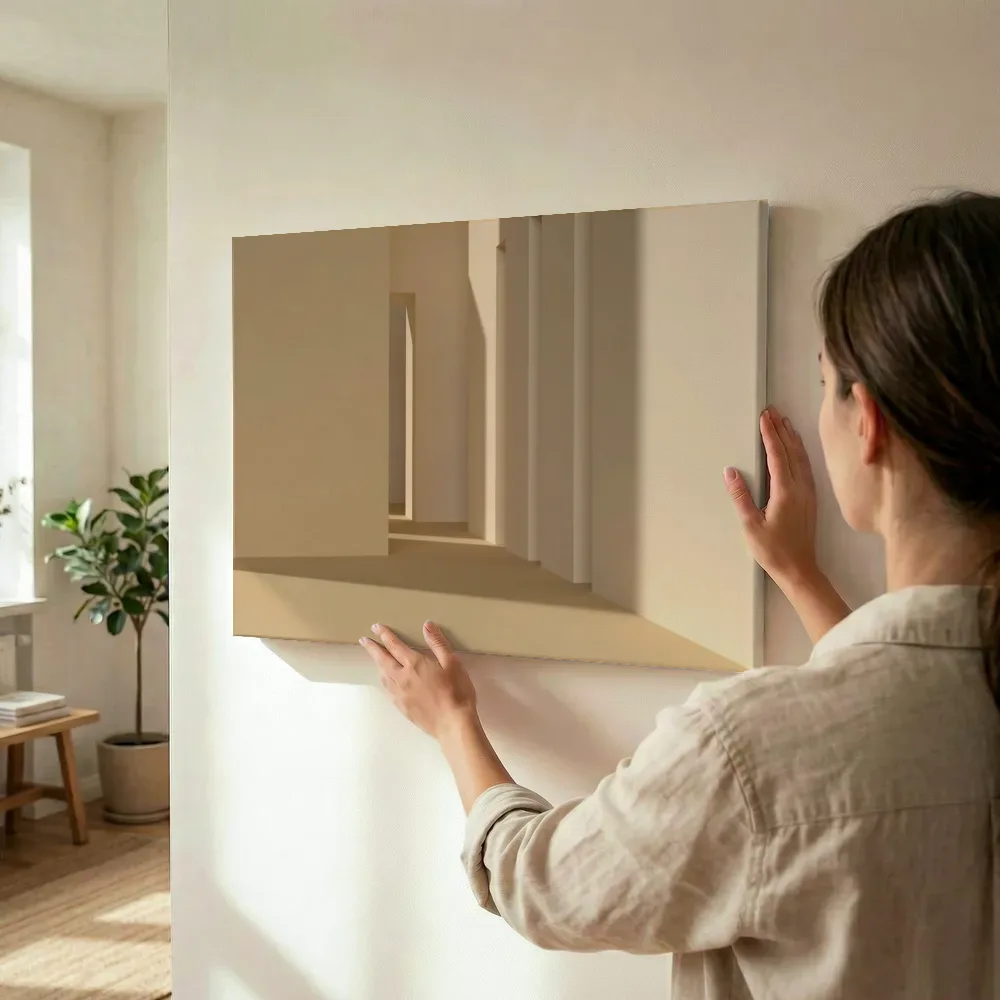 Sfeerimpressie: Licht en lijnen in minimalistische gang terwijl het wordt opgehangen