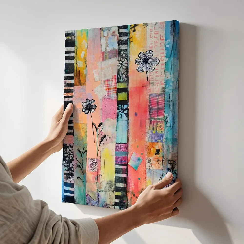 Sfeerimpressie: Lijntekening bloemen collage terwijl het aan de muur wordt gehangen