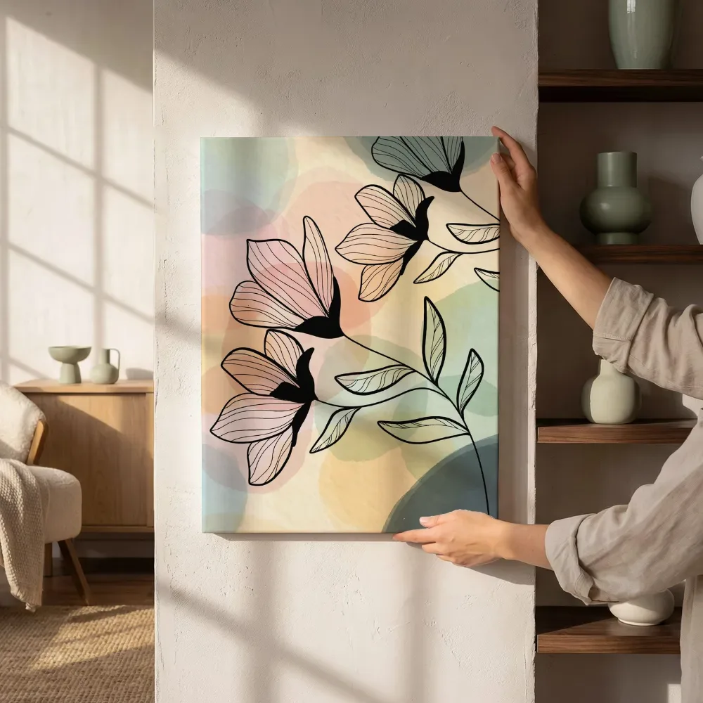 Sfeerimpressie: Lijntekening bloemen op pastelachtergrond naast de kast