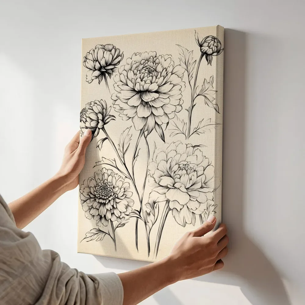 Sfeerimpressie: Lijntekening dahlia schetsen terwijl het aan de muur wordt gehangen