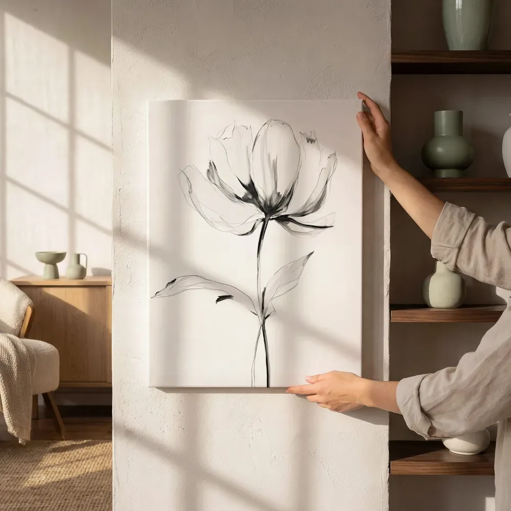 Sfeerimpressie: Minimalistische lijntekening enkele bloem naast de kast