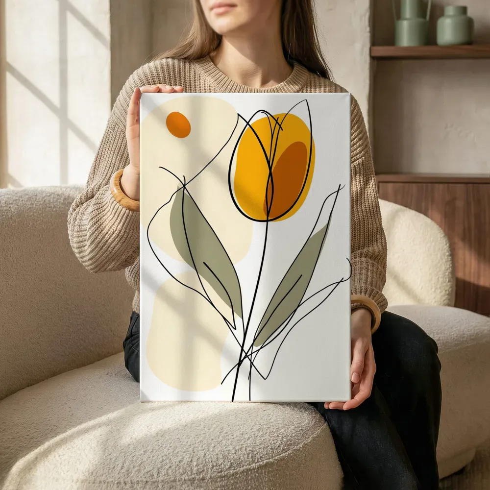 Sfeerimpressie: Lijntekening oranje tulp terwijl het zittend wordt getoond
