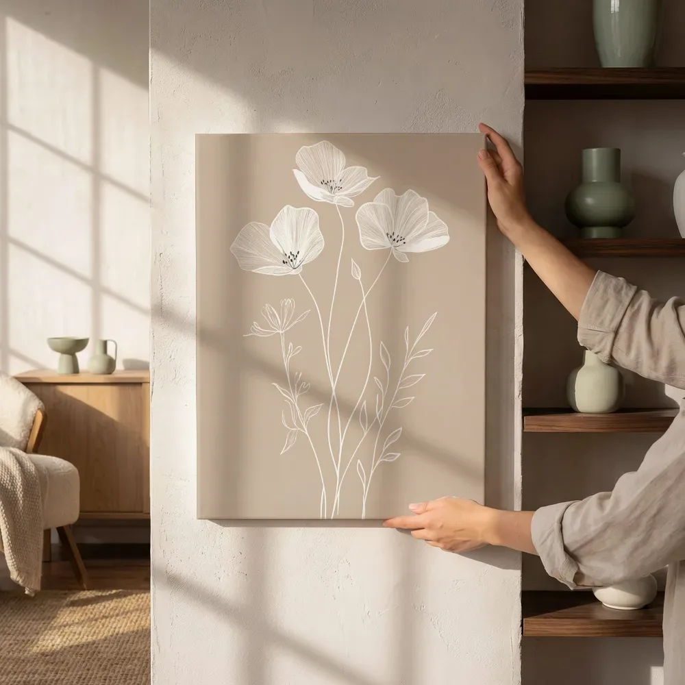 Sfeerimpressie: Lijntekening veldbloemen taupe naast de kast