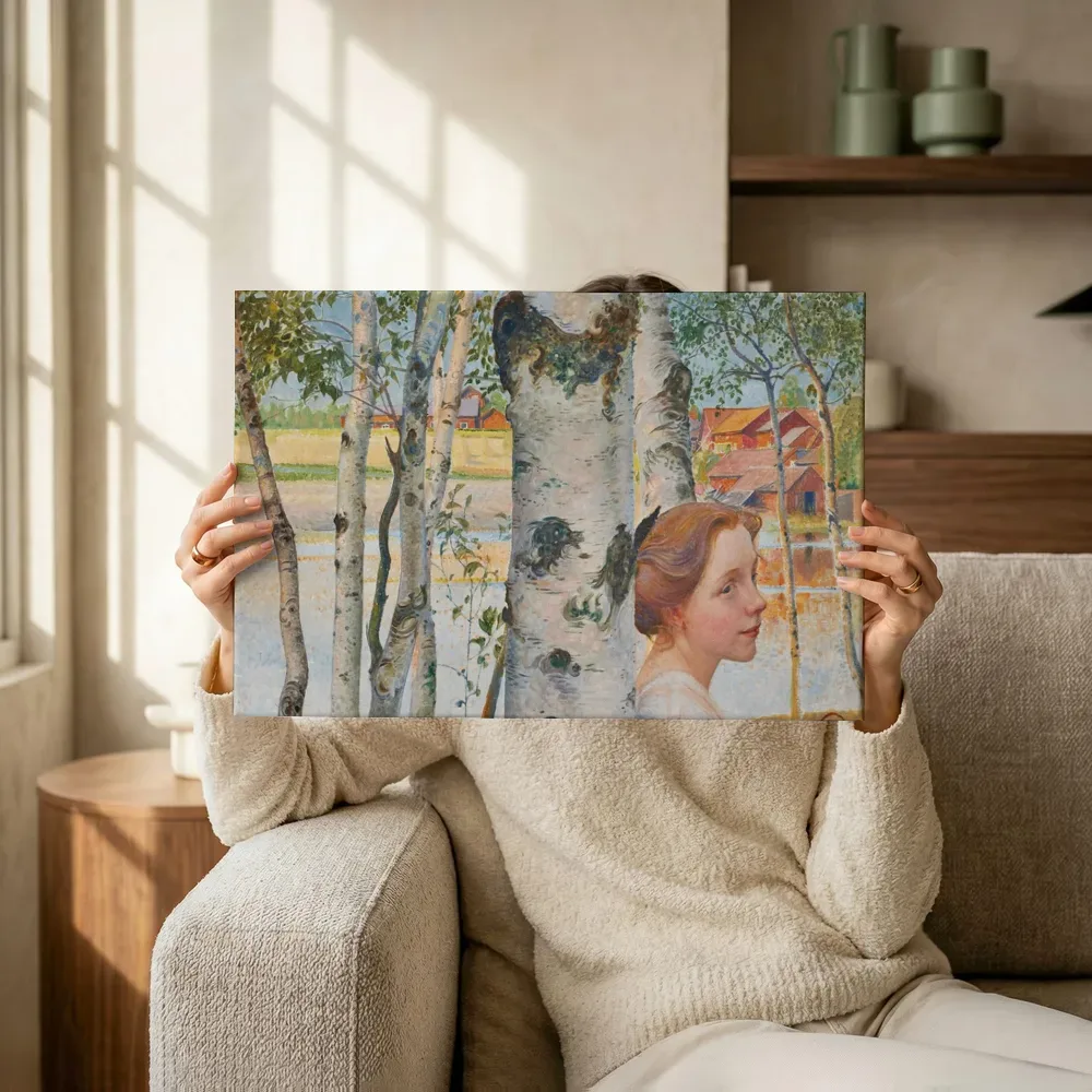 Sfeerimpressie: Lisbeth bij de berk van Carl Larsson terwijl het omhoog wordt gehouden