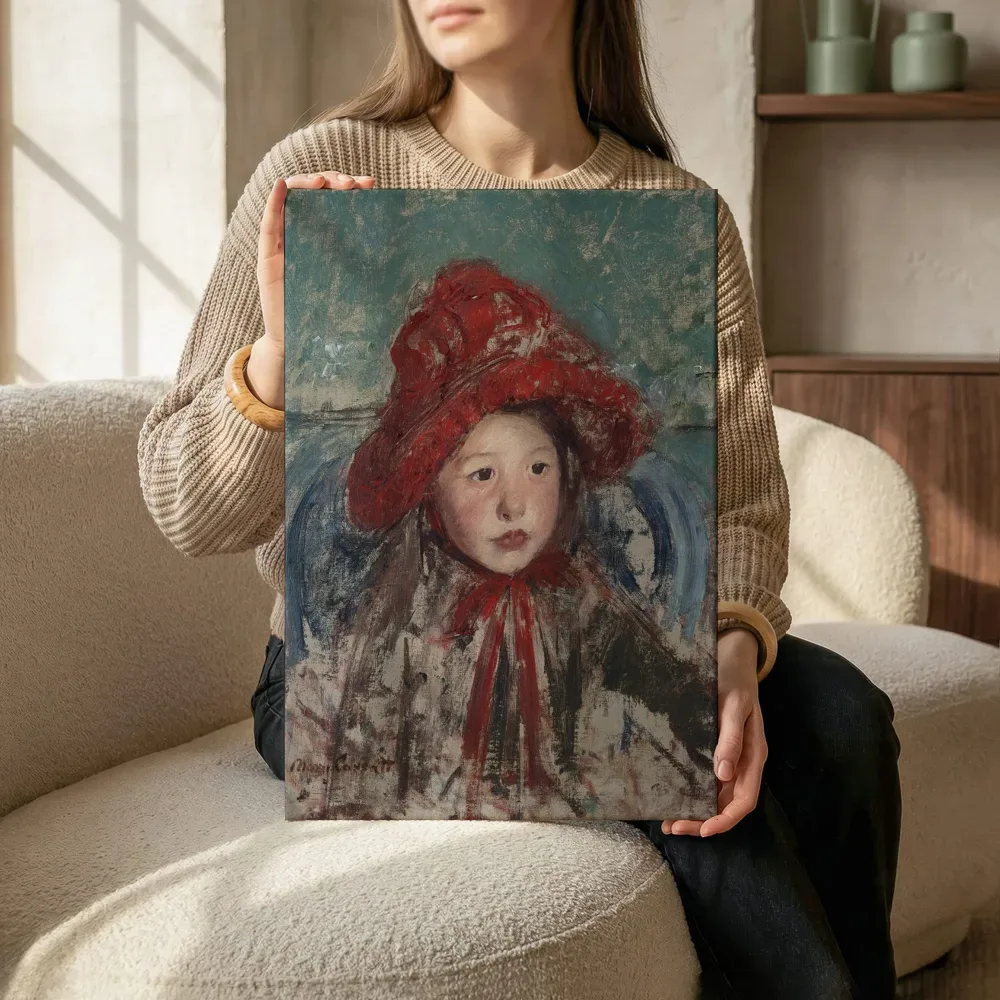 Sfeerimpressie: Klein meisje met een grote rode hoed van Mary Cassatt terwijl het zittend wordt getoond