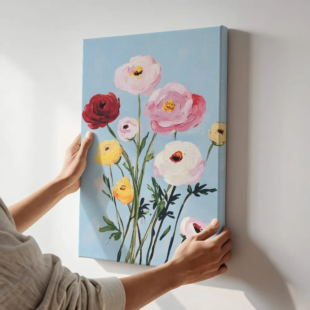 Sfeerimpressie: Losse lentebloemen op blauw terwijl het aan de muur wordt gehangen
