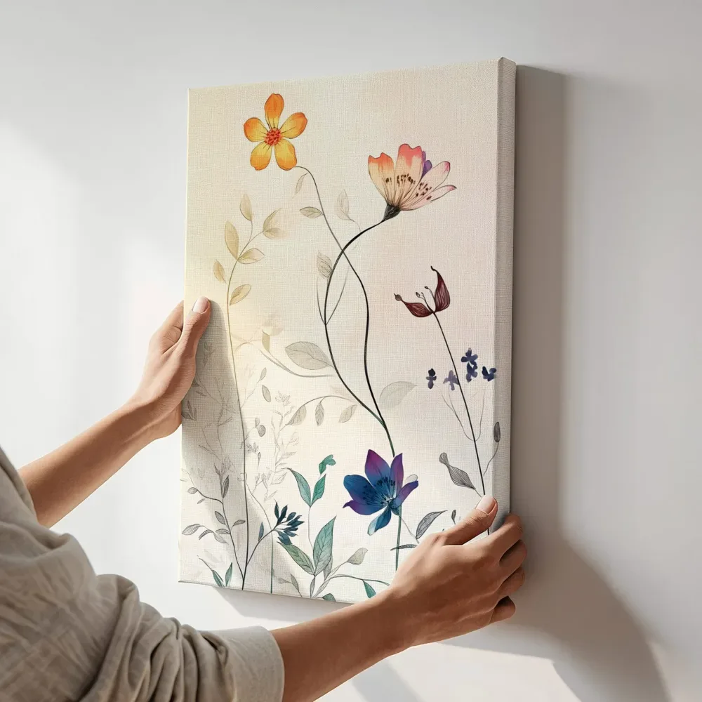Sfeerimpressie: Losse wilde bloemen aquarel terwijl het aan de muur wordt gehangen