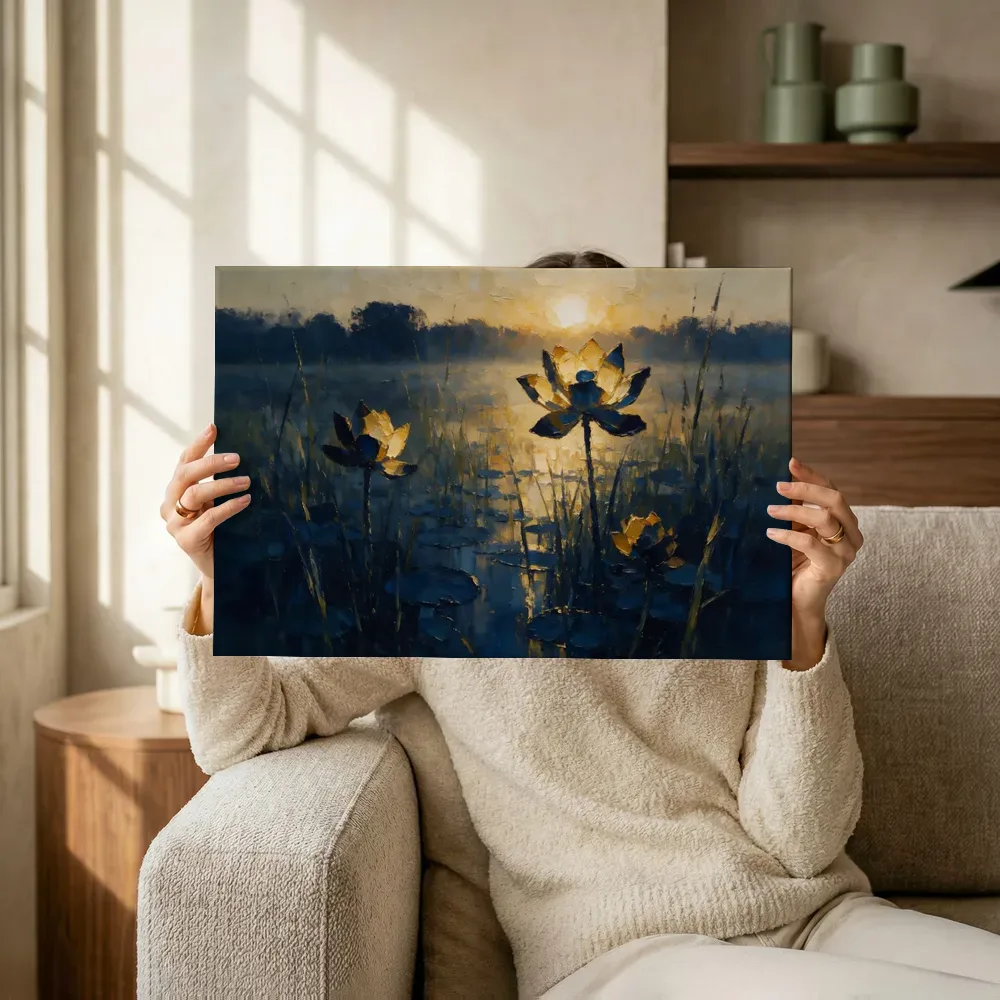 Sfeerimpressie: Lotus in de weide in inktblauw terwijl het omhoog wordt gehouden