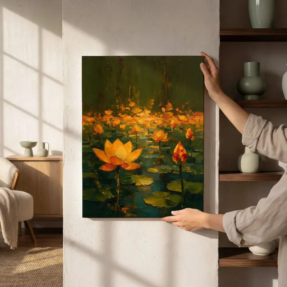 Sfeerimpressie: Lotus in het landschap in saffraan naast de kast