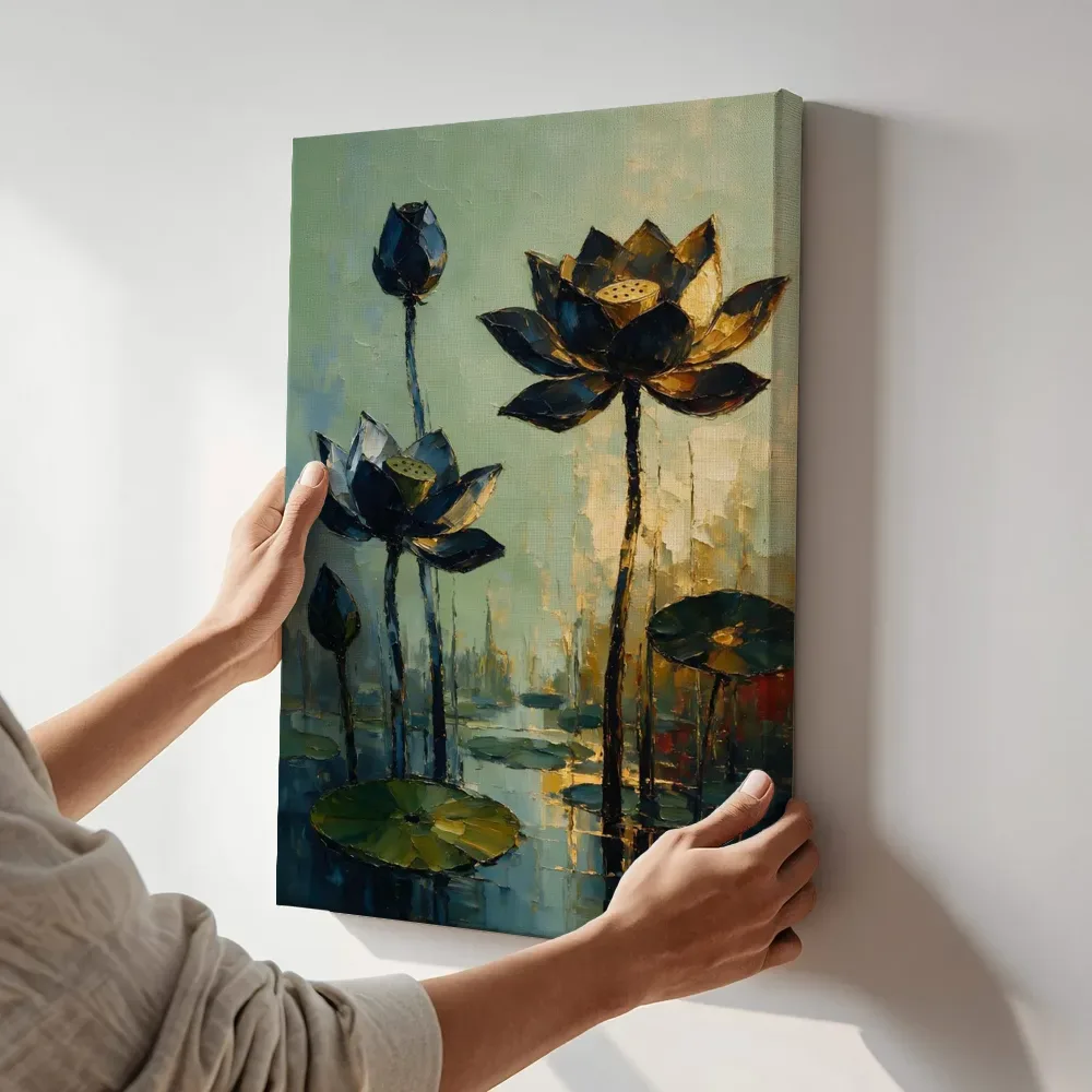 Sfeerimpressie: Lotus tegen de lucht in zwartgoud terwijl het aan de muur wordt gehangen