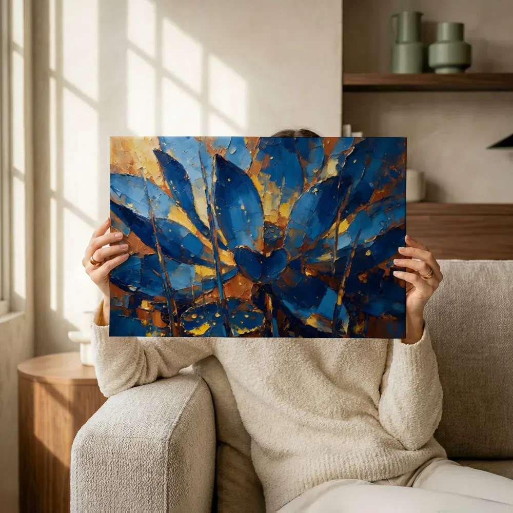 Sfeerimpressie: Lotus van dichtbij in blauwgeel terwijl het omhoog wordt gehouden