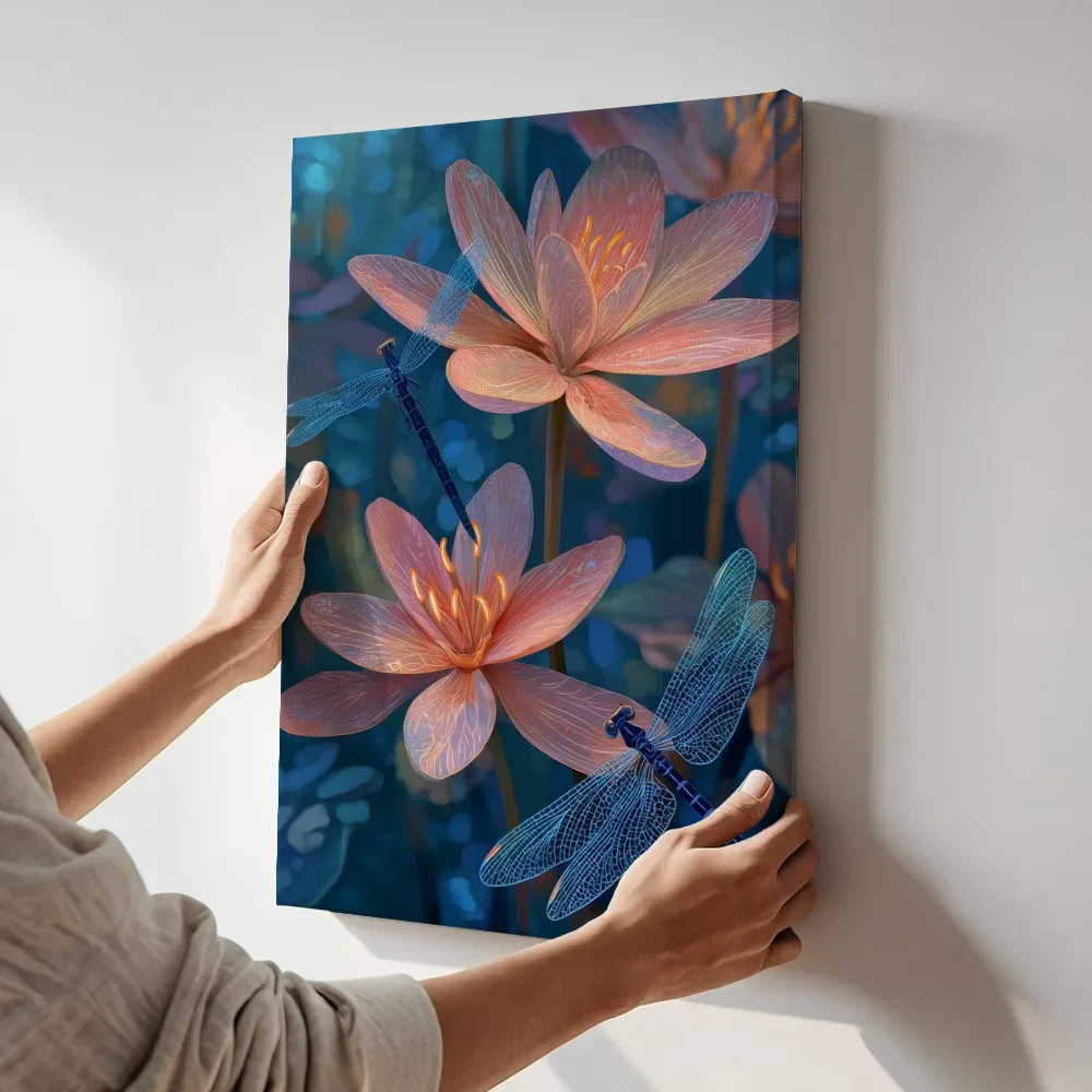 Sfeerimpressie: Lotusbloesems met libellen in het blauwe licht terwijl het aan de muur wordt gehangen